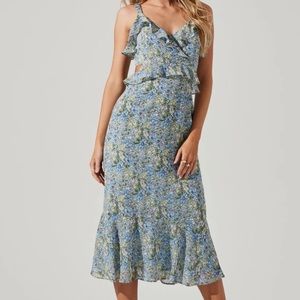 NWOT BLUE WILDFLOWER RUFFLE CUTOUT MIDI DRESS XS